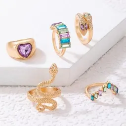 Colorful Fashion Snake and Peach Heart Design Finger Rings (5 pcs)
